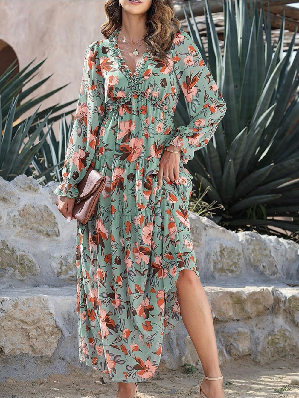 Sage Green Floral Ruffle Maxi Dress